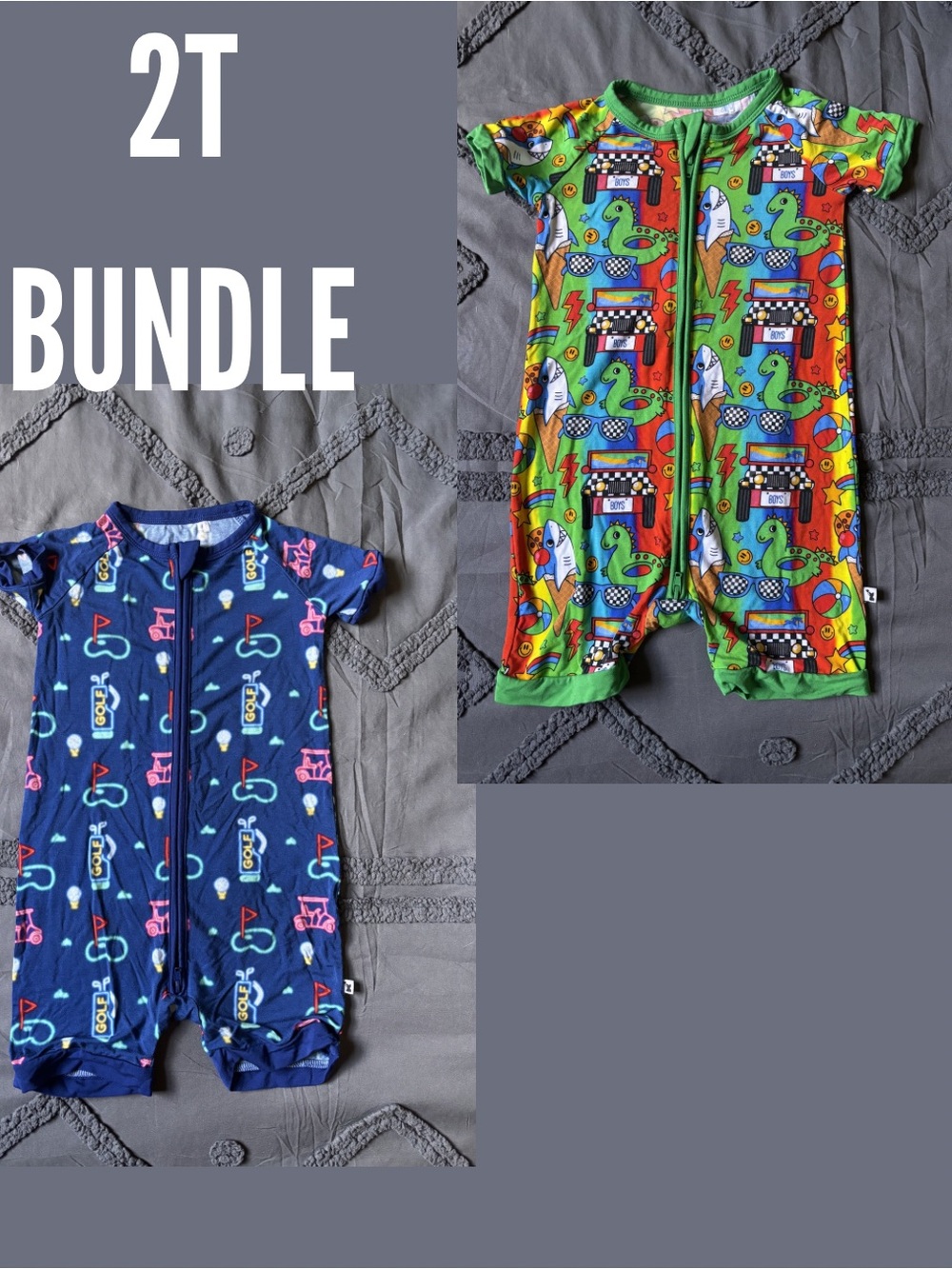 2T Kiki & Lulu bamboo Short Sleeve Romper Bundle - Navy & Multi Green Prints